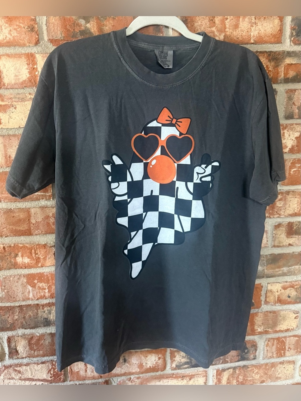 Comfort Colors Pepper Tee with Checkerboard Ghost and Orange Accents